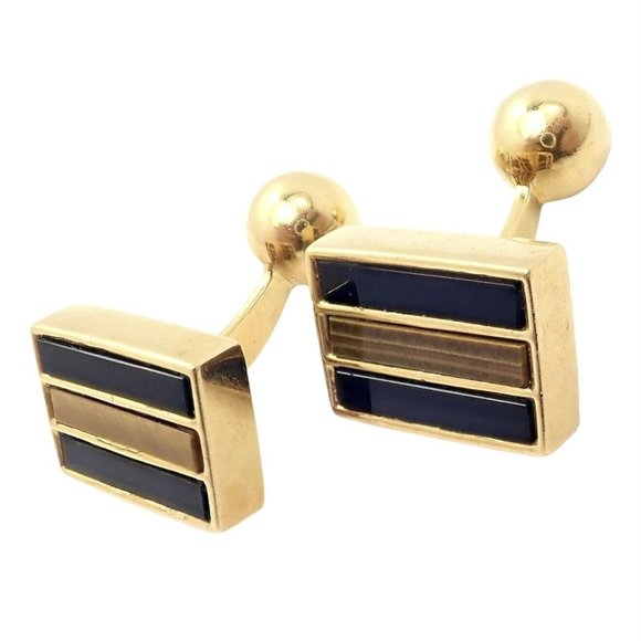 Rare Vintage Tiffany & Co. 18k Yellow Gold Classic Onyx Tiger Eye Cufflinks - Picture 2 of 12